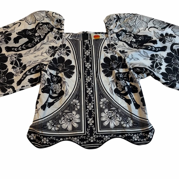 Farm Rio Leopard Floral Blouse | Black & White | Boat Neck | SMALL | NWT - Picture 2 of 12